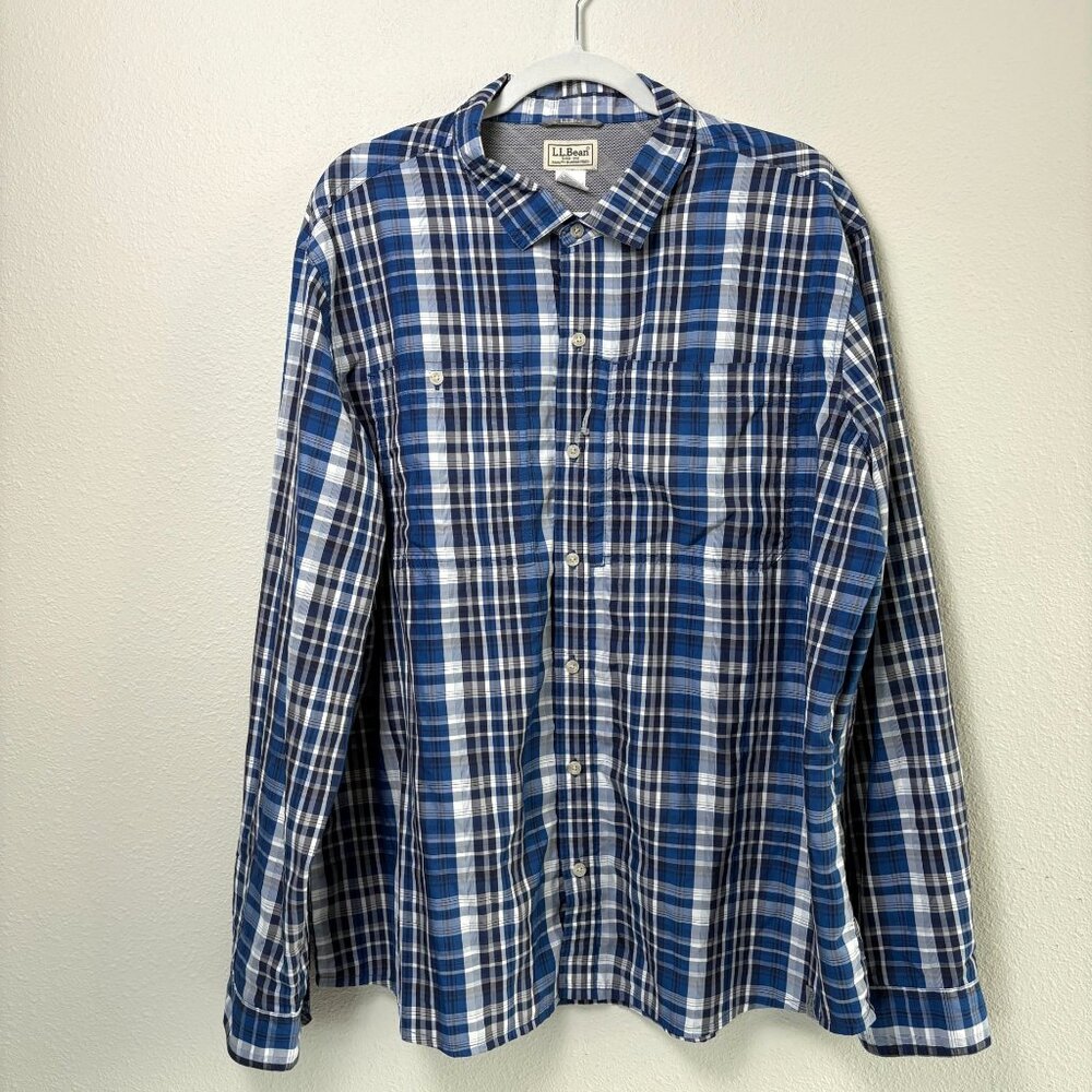 LL‎ Bean Button Up Shirt Mens XL Blue Plaid Mesh Fishing Shirt Outdoors 509459